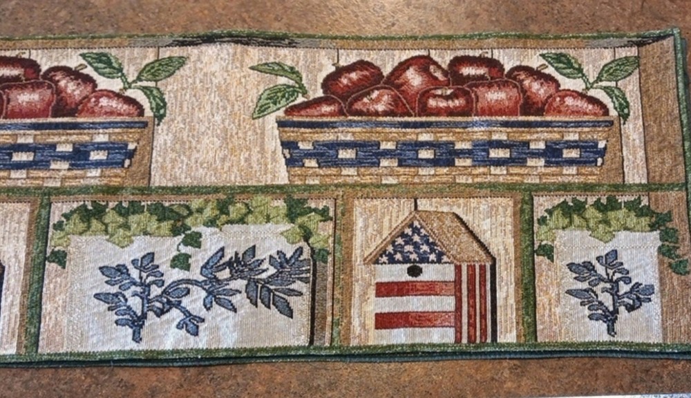 Americana Tapestry Table Runner W Apples, Baskets, Birdhouses