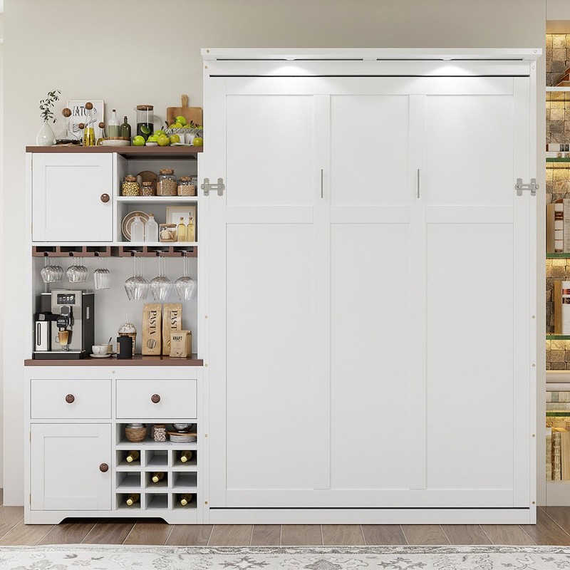 Queen Size Wall Murphy Bed with Ample Storage, Wine Rack, Glass Holder,LED Strip gallery