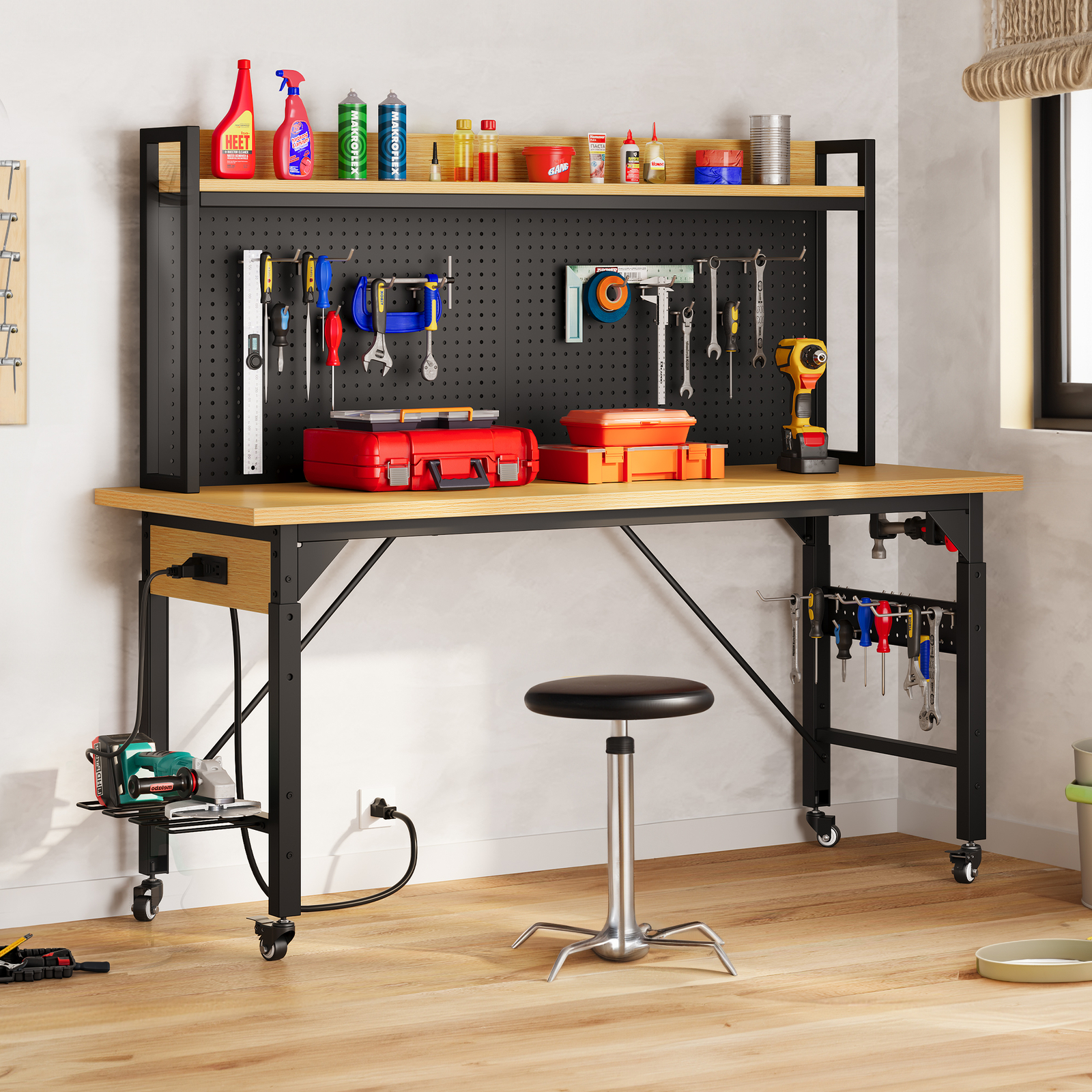59" L Heavy-Duty Adjustable Workbench with Pegboard & Power Outlets Work Bench gallery