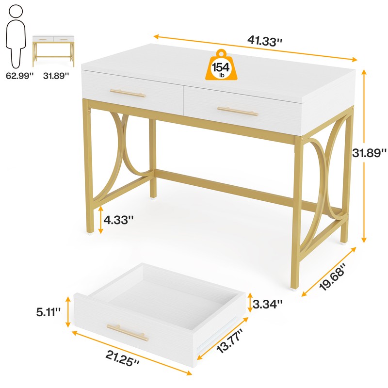 White Gold Computer Desk 2 Drawer Study Writing Table for Home Office Wood Metal gallery
