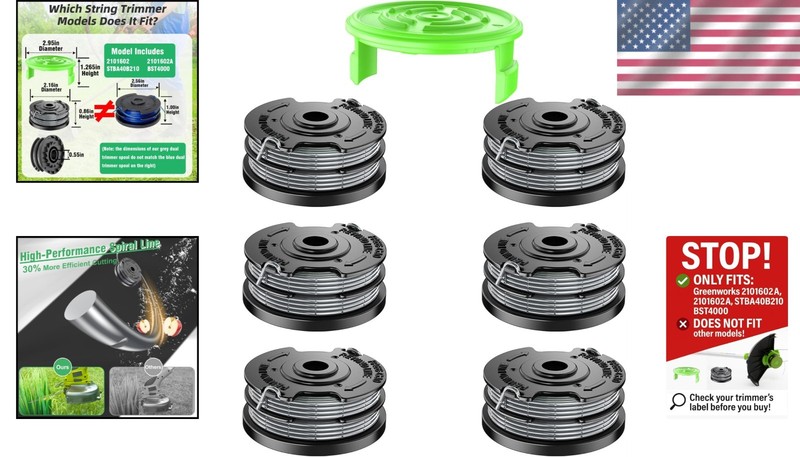 6 Spools + 1 Cap: Dual-Line Replacement for Greenworks Trimmers - Perfect Fit gallery