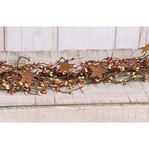 NEW Primitive Pip Berry Garland w/ Rusty 2" Stars PUMPKIN SPICE BERRIES 40" gallery