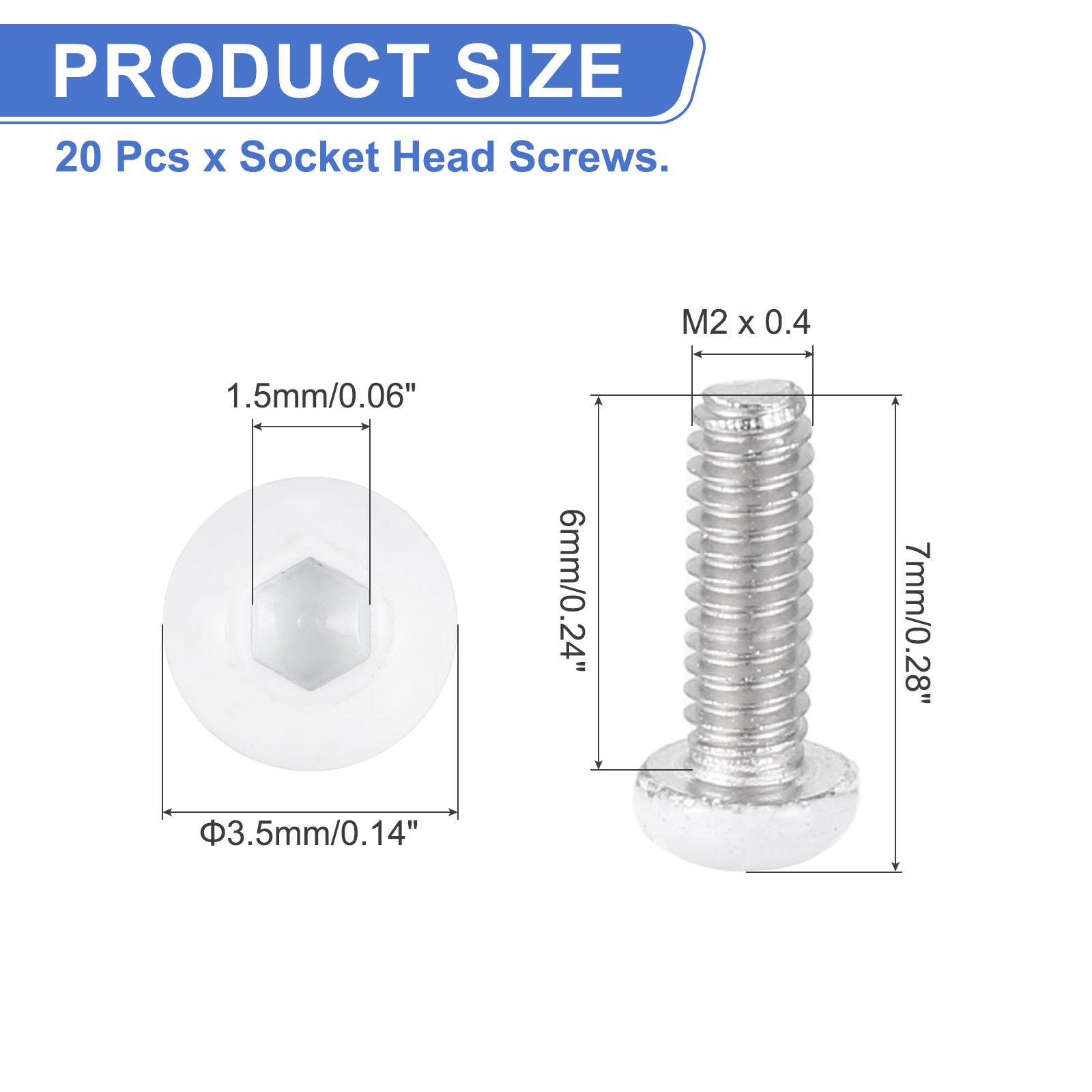 20 Pcs M2-0.4 x 6mm Button Head Socket Cap Screw Machine Screw, White gallery