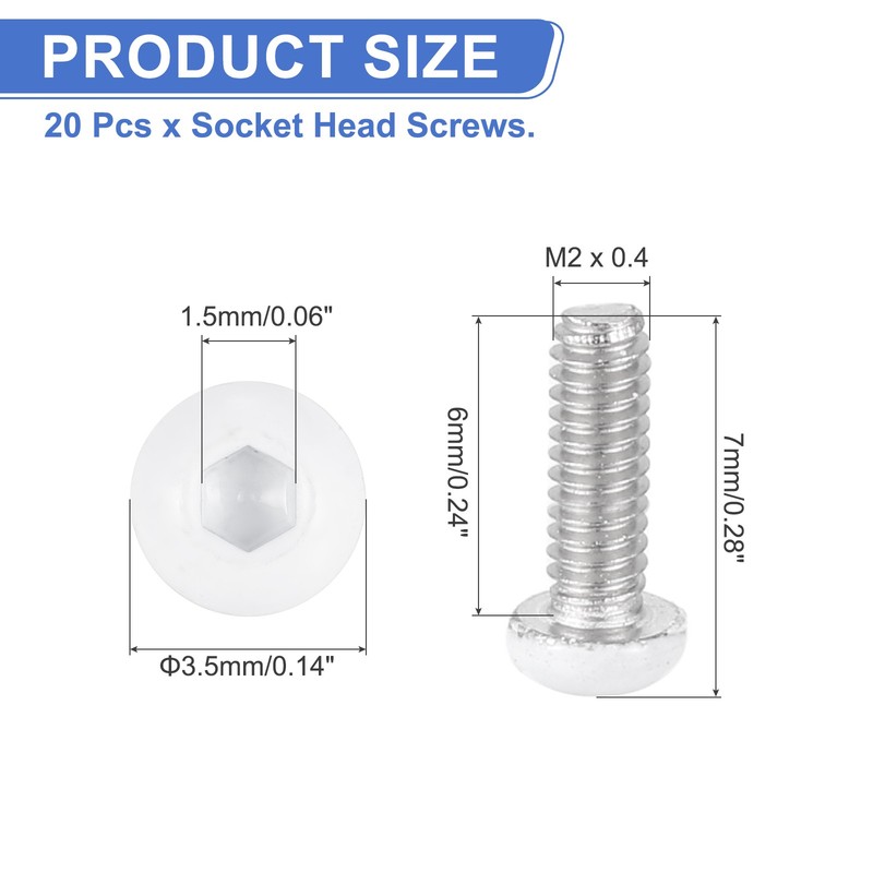 20 Pcs M2-0.4 x 6mm Button Head Socket Cap Screw Machine Screw, White gallery
