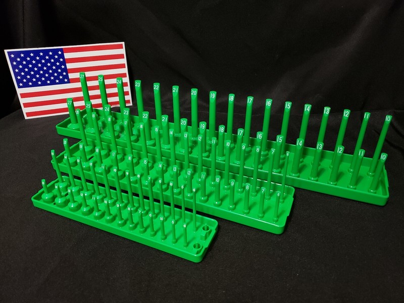 Hansen 6 Pc Socket Tray Metric SAE Tool Rack Holders 1/4" 3/8" 1/2" Green - USA gallery