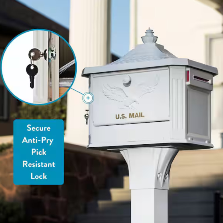 Architectural Mailboxes Large White Locking Mailbox 2 Keys, Flag, Post Mount gallery