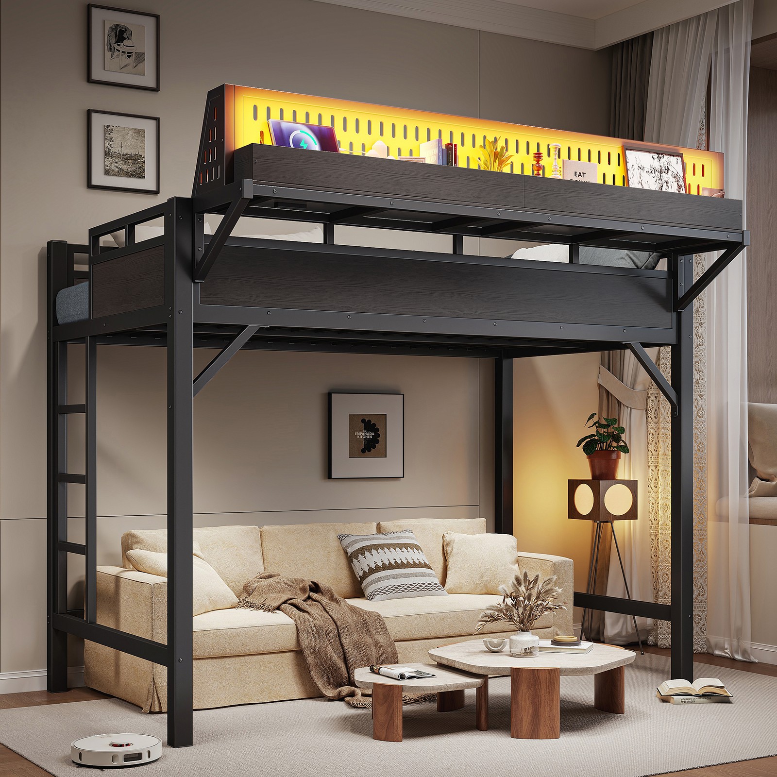 Twin XL Size Loft Bed Frame Storage Shelves, A Pegboard, USB Ports And LEDs gallery