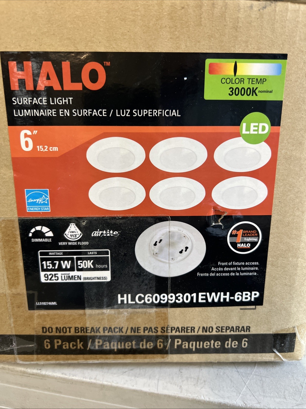 HALO 6” 3000K Surface Light LED Recessed Light Trim (6-Pack) HLC6099301EWH-6BP gallery