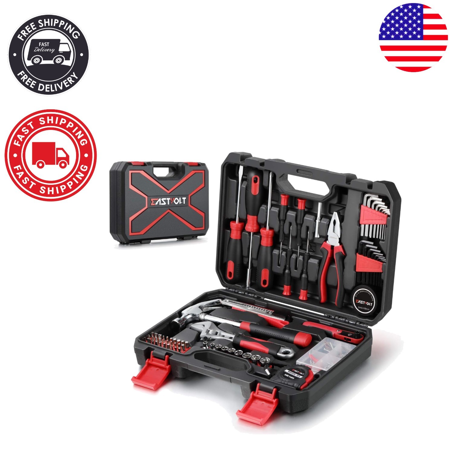 Essential 128-Piece DIY Tool Set with Storage Toolbox - Black & Red EVHT12801 gallery