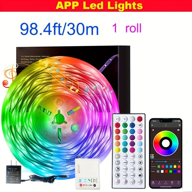 LED Strip Lights 100ft Music Sync Bluetooth White RGB Room Light with Remote 24V gallery