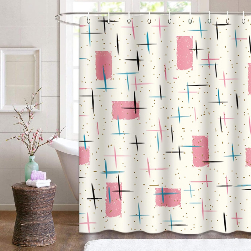 Shower Curtain Mid Atomic Pink Pattern Century Modern Turquoise 1950S Vintage 66 gallery