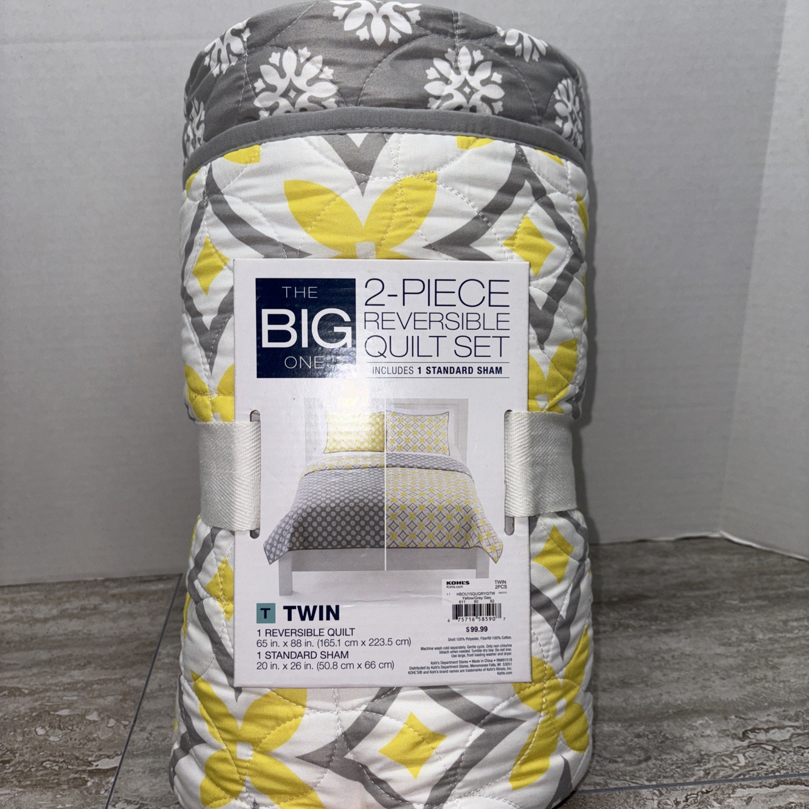 Twin 2 Pc Reversible Quilt Set With 1 Standard Sham Yellow/Gray/White 65x88 In gallery