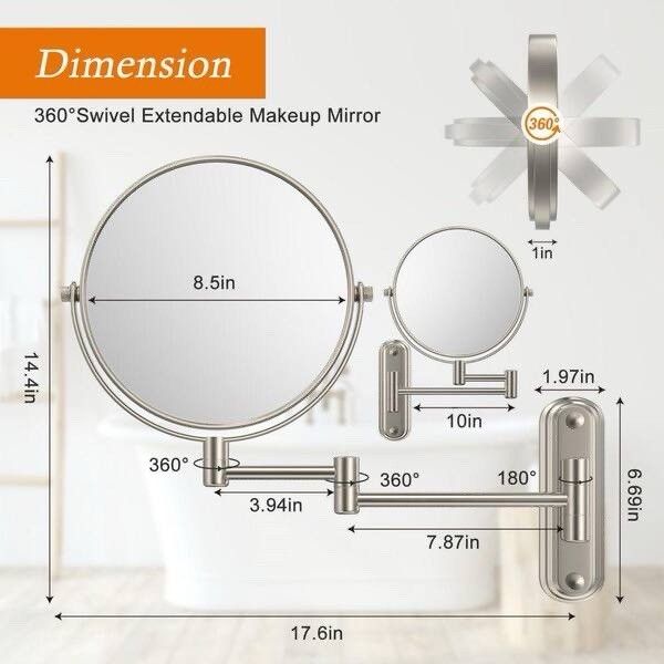 17x14in Round Telescoping Wall Bathroom Makeup Mirror, Brushed Nickel gallery