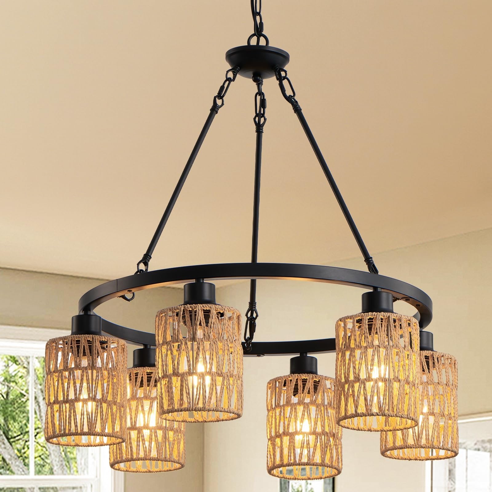 6-Light 24" Boho Rattan Chandeliers for Dining Room,Farmhouse Wagon Wheel Cha... gallery