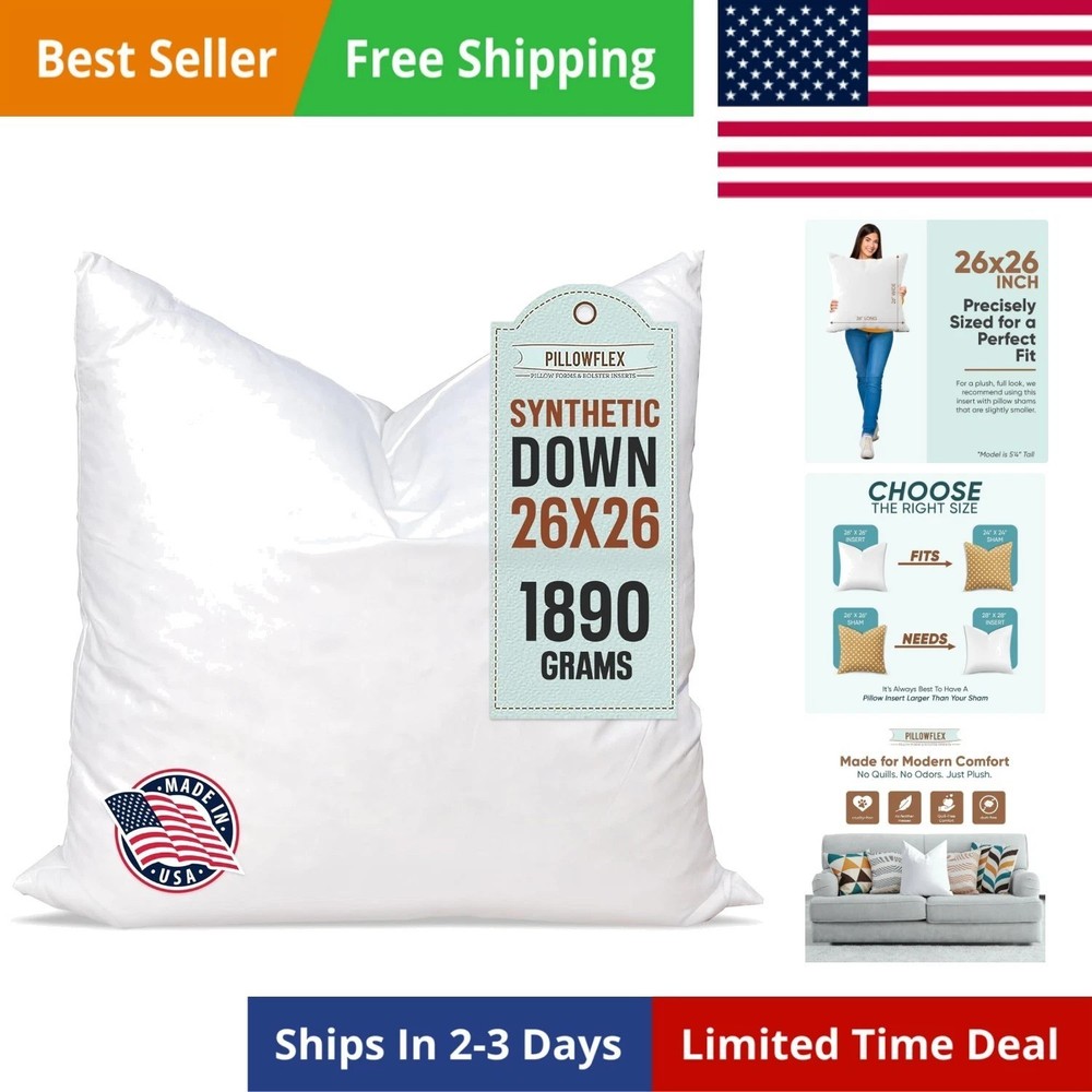 Synthetic Down Pillow Insert - 26x26 Down Alternative, Ultra Soft Large Squar...
