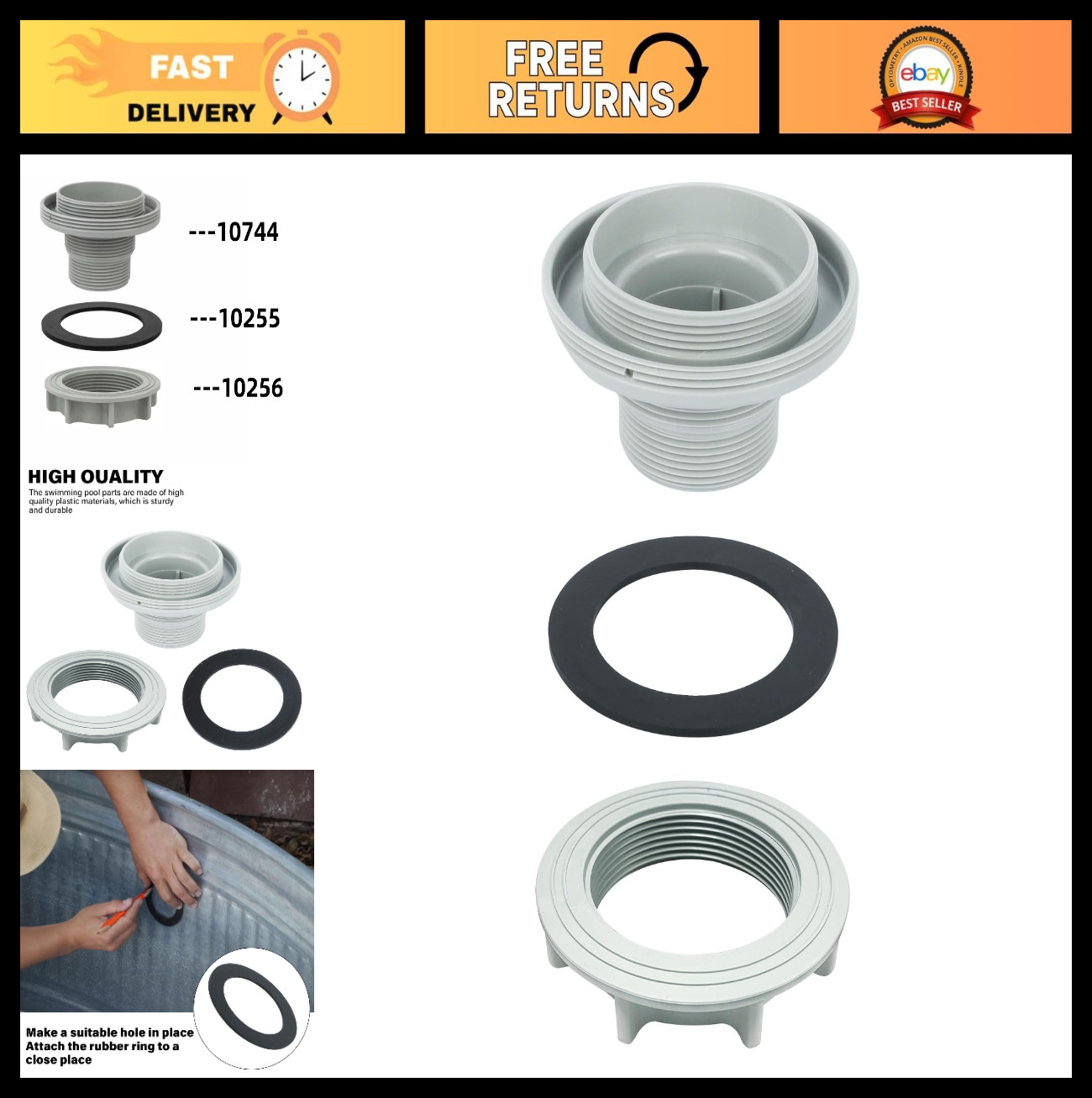 Pool Hose Connector Nut & Washer Set for Intex 10744 10256 10255 - 3 Sets gallery
