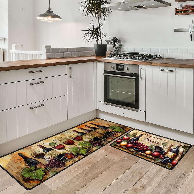 Wine Kitchen Rugs, Kitchen Floor Mat Set of 2 Washable Runner Rugs, No-Slip A... gallery