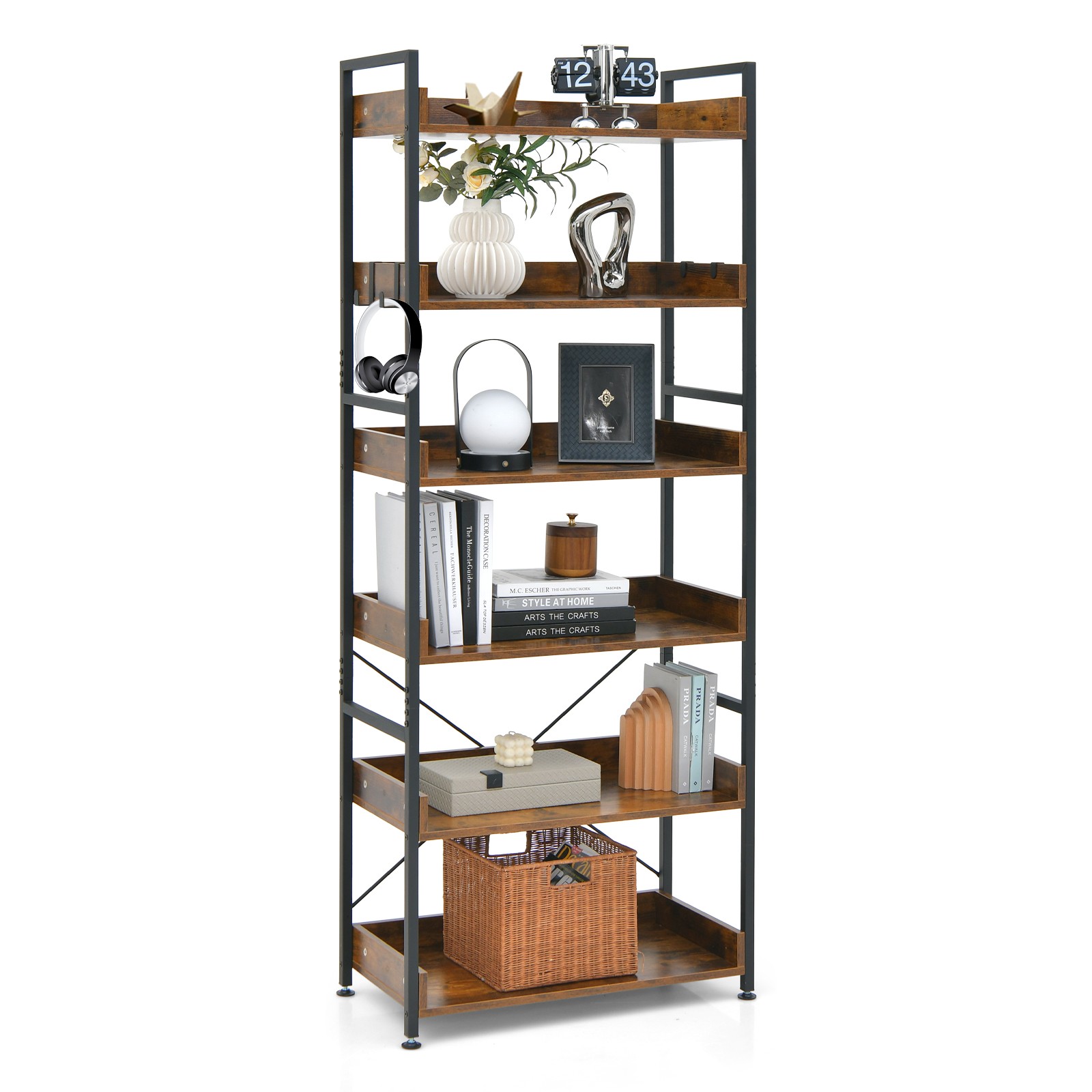 6-Tier Bookshelf Open Display Shelves Storage Rack Metal Frame w/ 4 Hooks Rustic gallery