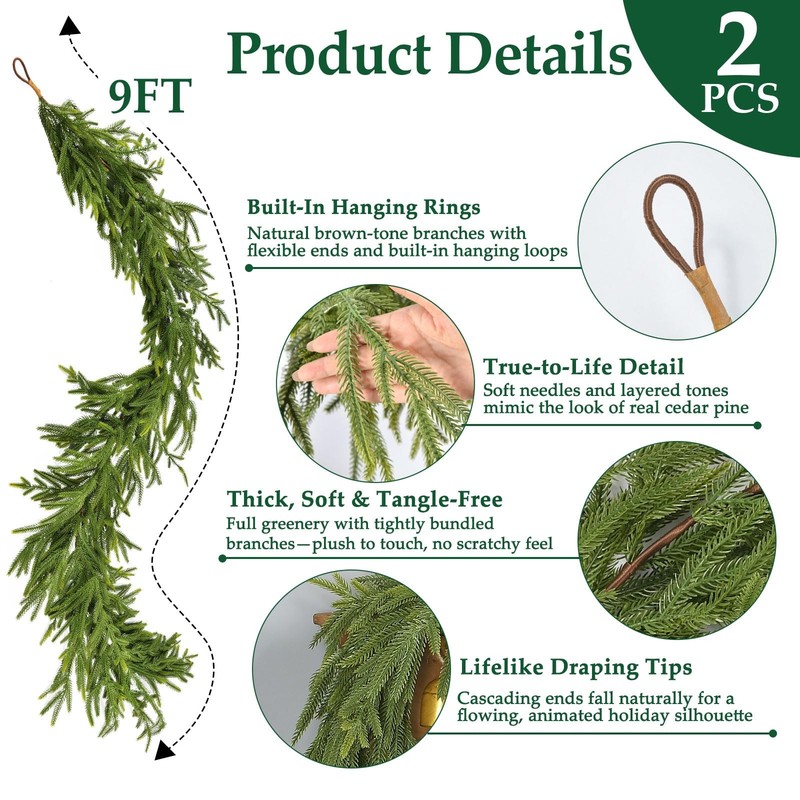 2 PCS 9 FT Artificial Norfolk Pine Garland, Real Touch Christmas Garland, Fau... gallery