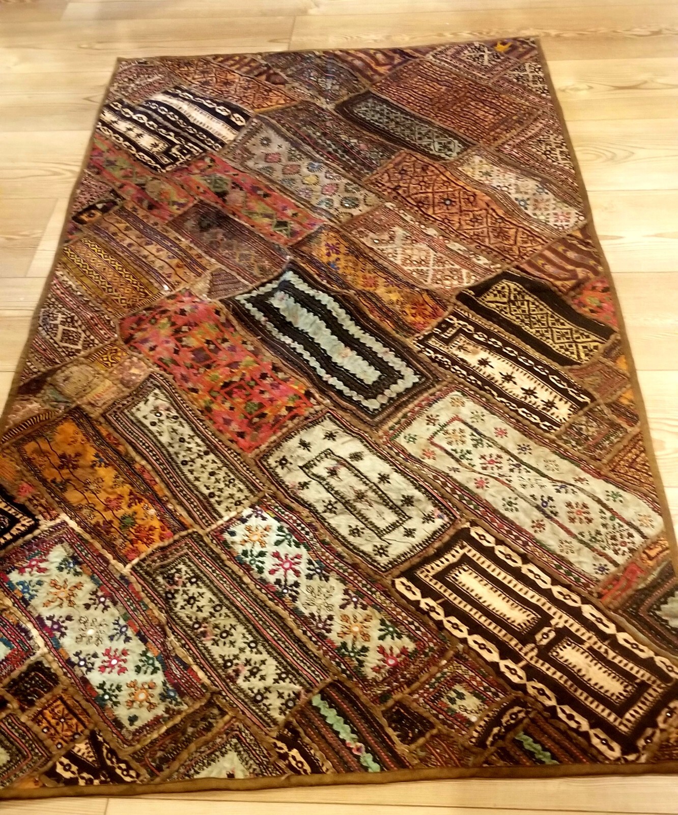 Vintage Indian Patchwork Tapestry KATCHI Mirror Rug, Handmade 3'x7' Tribal Art gallery