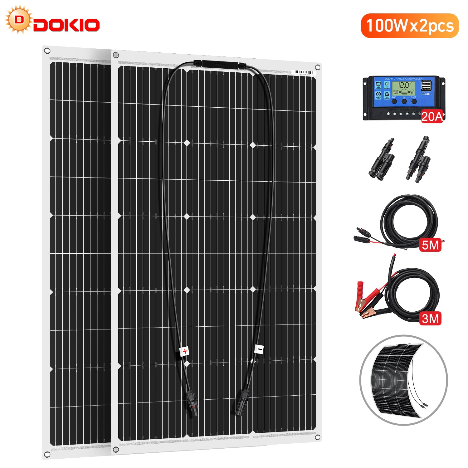 DOKIO 200W 18V Flexible Solar Panel Kit for 12V Battery Charging Boat Off Grid gallery