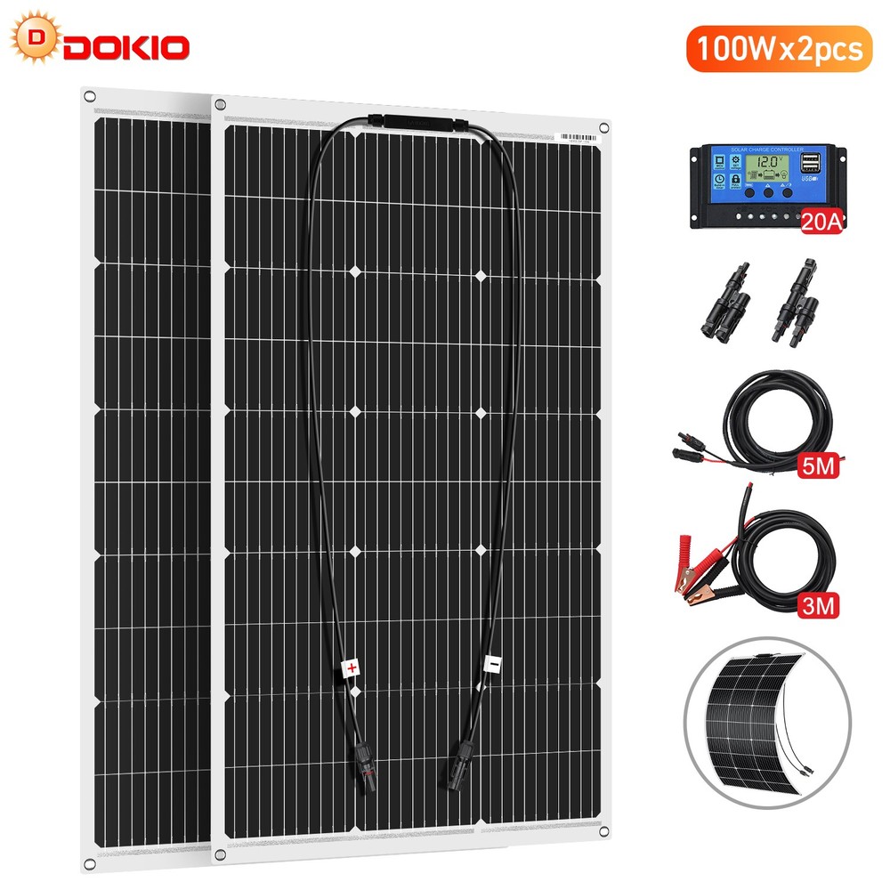 DOKIO 200W 18V Flexible Solar Panel Kit for 12V Battery Charging Boat Off Grid