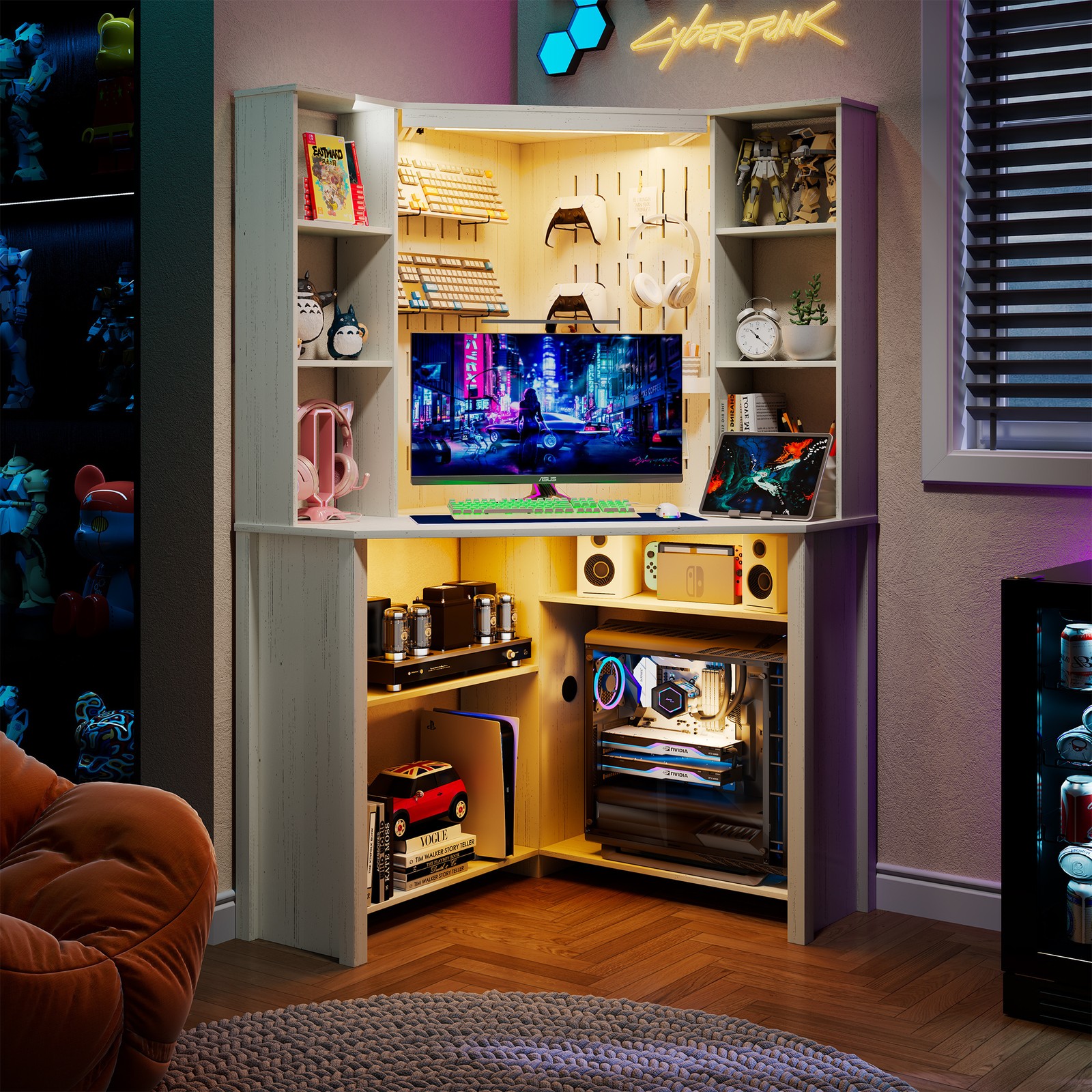 Home Office Desk with Pull-Out LED, Corner Desk with Power Outlet and 10 Shelves gallery