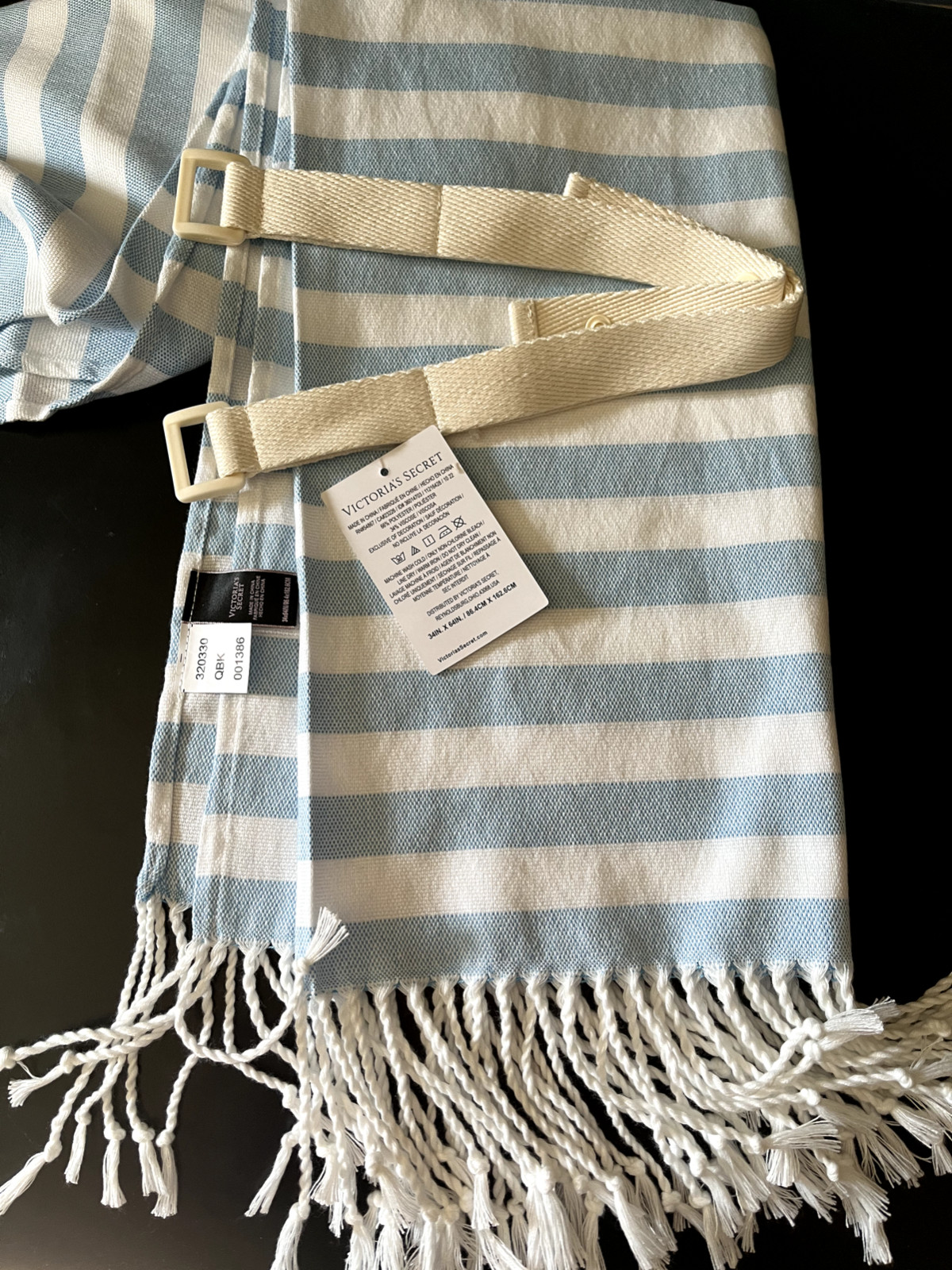 VICTORIAS SECRET MONOGRAM FRINGE BEACH BLANKET BLUE WHITE STRIPED 34"x64" NWT gallery