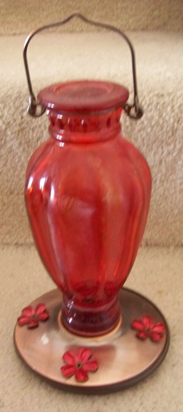 Hummingbird feeder, hanger, red glass, screw on metal & plastic base FREE SHIP gallery