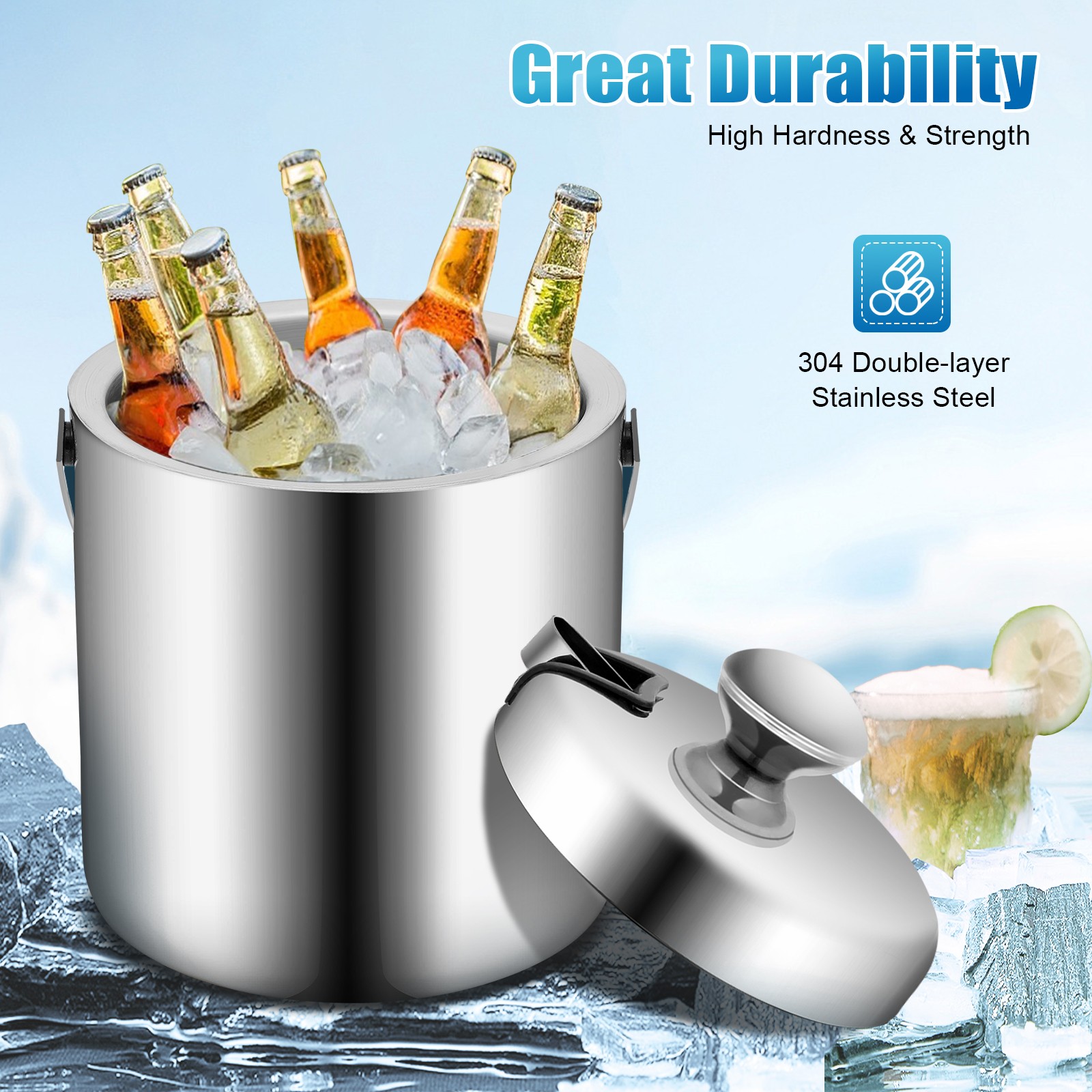 1300ML Juices Ice Bucket Double Layer Stainless Wine Cooler With Lid+Sieve+Tong gallery