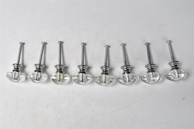 SET 8 GLASS DRAWER PULL KNOBS HARDWARE SILVER TONE BACKING with SCREWS #09211 gallery
