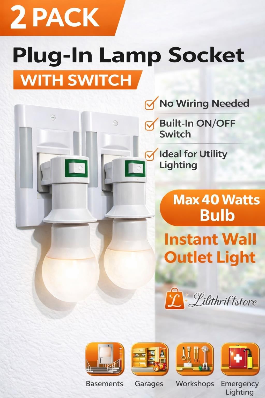 2 Pack POWTECH Plug-In Lamp Socket with Switch Light Bulb Holder Adapter ON/Off gallery