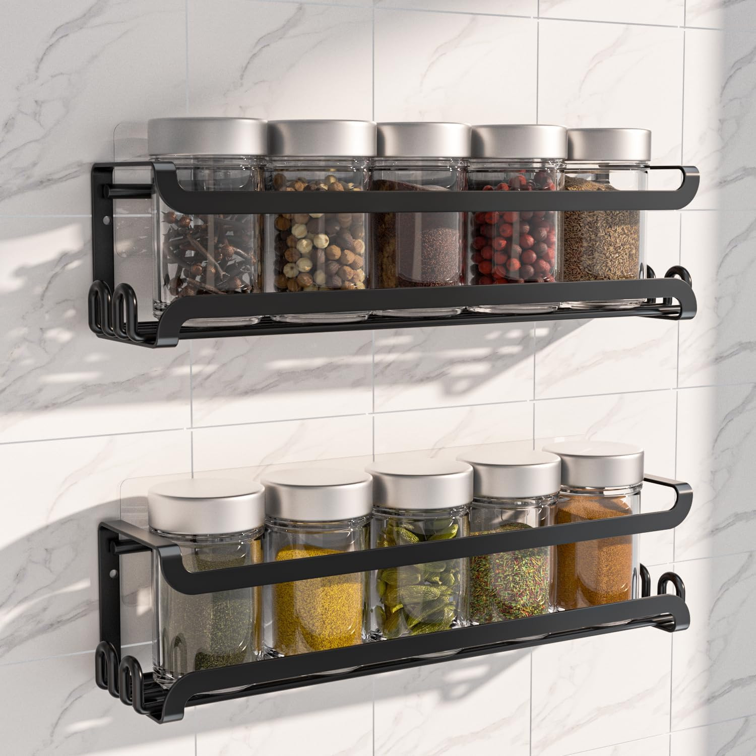 2 Pack Wall Mounted Spice Rack with Hooks for Kitchen and RV Organization gallery