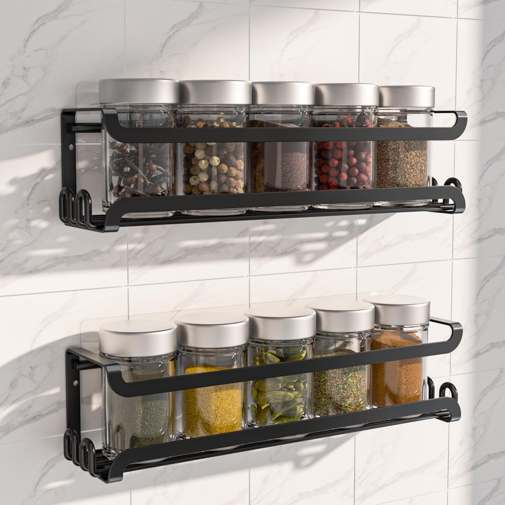 2 Pack Wall Mounted Spice Rack with Hooks for Kitchen and RV Organization