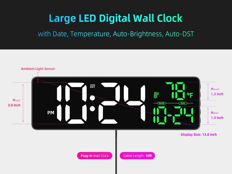 Large LED Digital Wall Clock with Date, Temperature, Auto-Brightness, Auto-DS... gallery