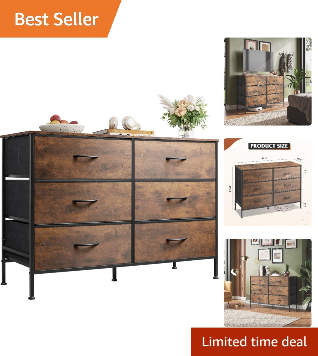 Versatile Rustic Brown Dresser with 6 Drawers - Ideal for Bedrooms & Entryways gallery