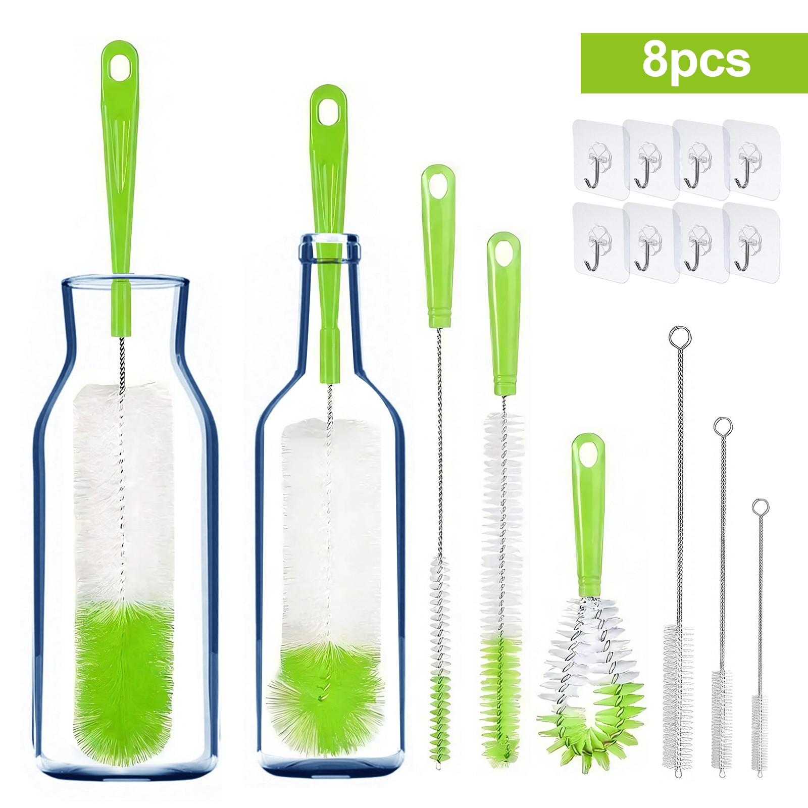 8PCS Long Handle Bottle Brush Set Plastic Cleaner Bottles Straws Cups Blue Green gallery