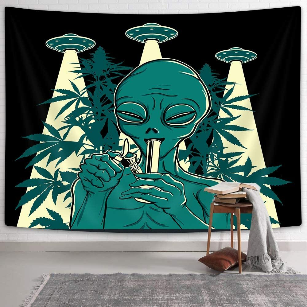 Smoking Weed Alien Extra Large Tapestry Wall Hanging Fabric UFO Green Room Decor gallery