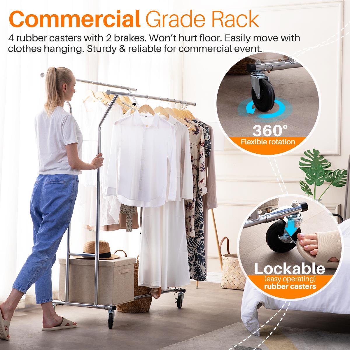 Heavy Duty Collapsible Commercial Clothing Garment Rack Rolling Chrome US gallery