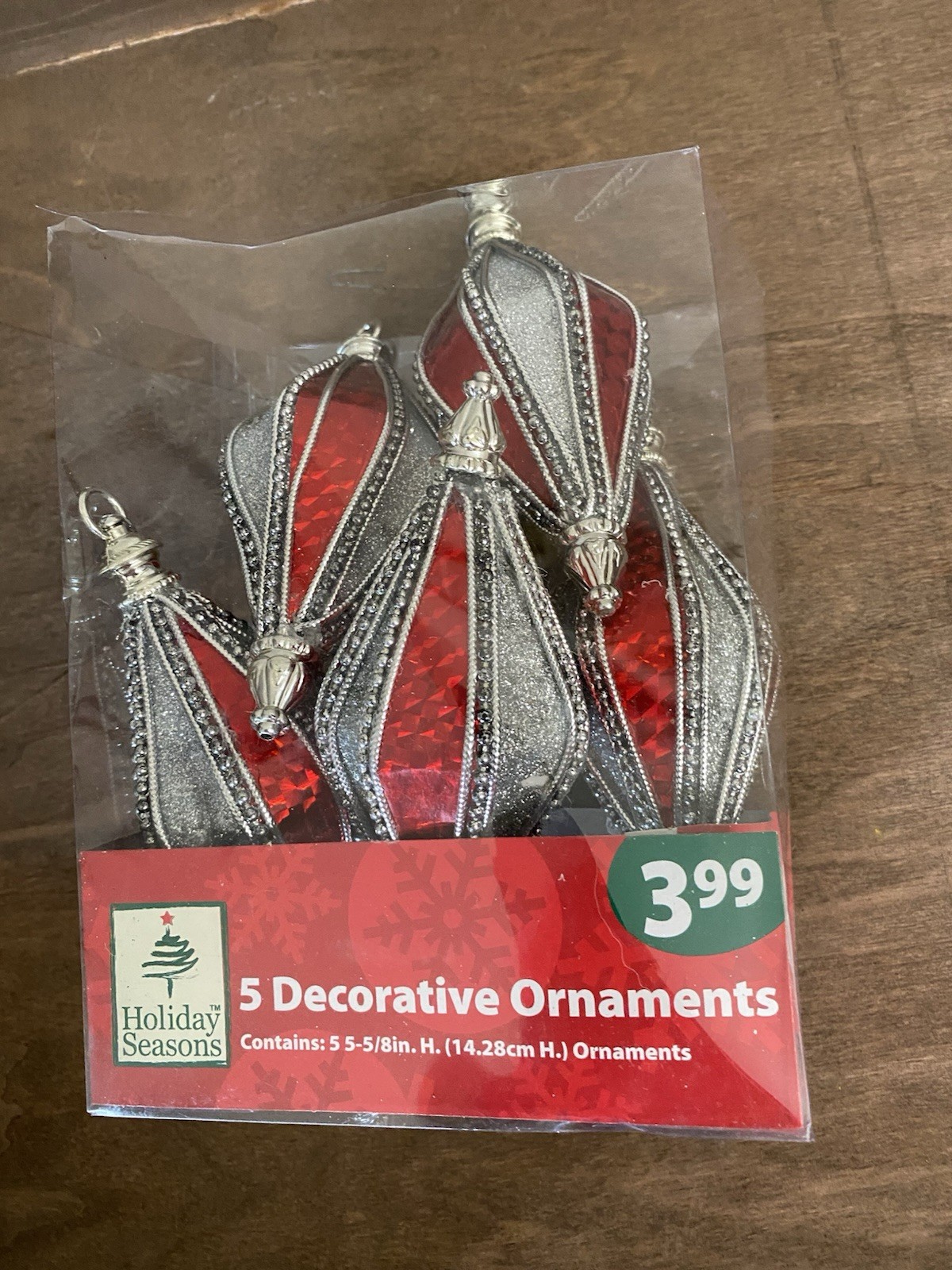 5 DECORATIONS CHRISTMAS SILVER & RED TEARDROP ORNAMENTS HOLIDAY SEASONS HANGING gallery