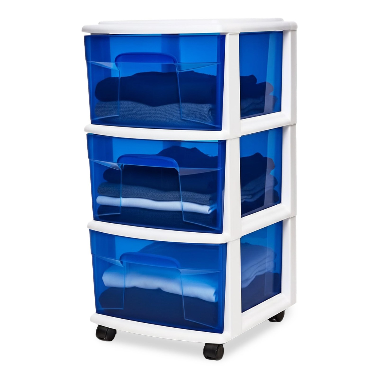 HOMZ Drawer Tower, 3-Tier Clear Blue Plastic 1 Pack, White Frame/Blue Drawers gallery