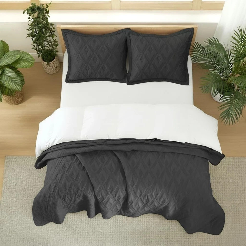 3PCS Black Reversible Quilt Bedding Set Lightweight Bed All Seasons 96"x106 King