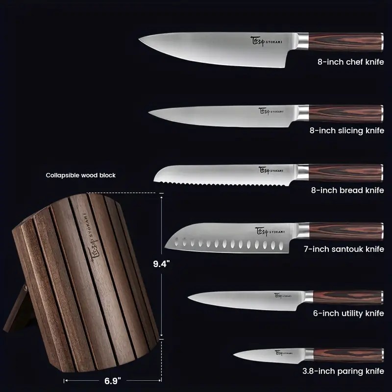 7 Piece Japanese Style Kitchen Knife Set - Foldable Magnetic Acacia Wood Block gallery