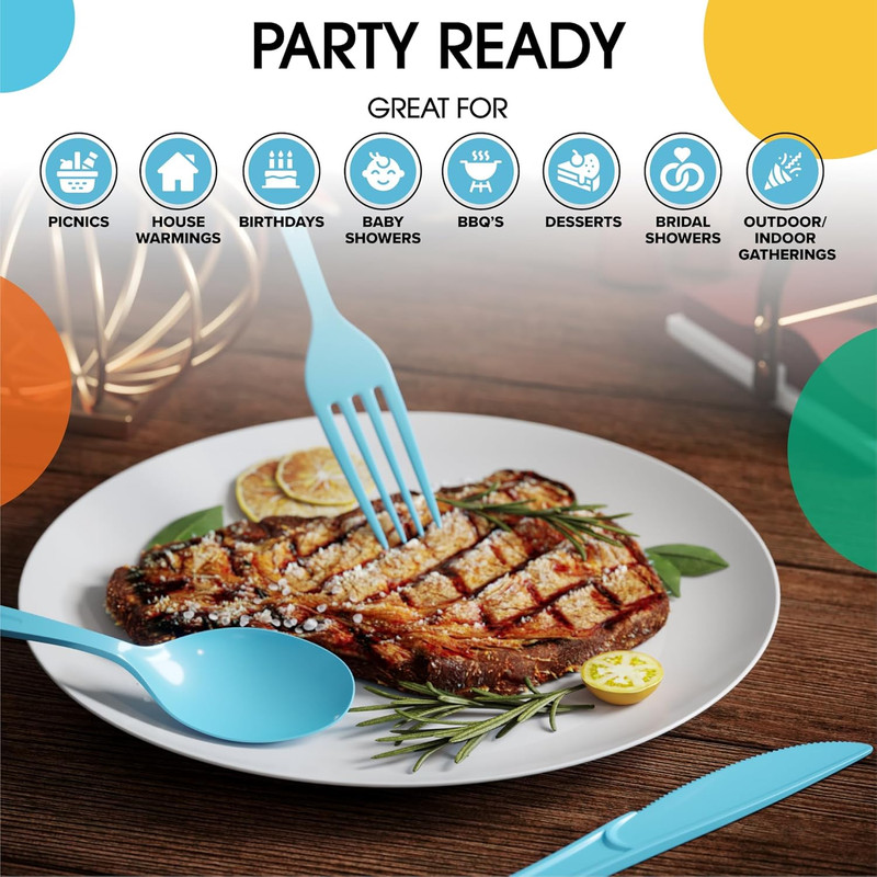 Party Solids Light Blue Plastic Silverware Heavy Duty 150 Pieces Light Blue Disp gallery