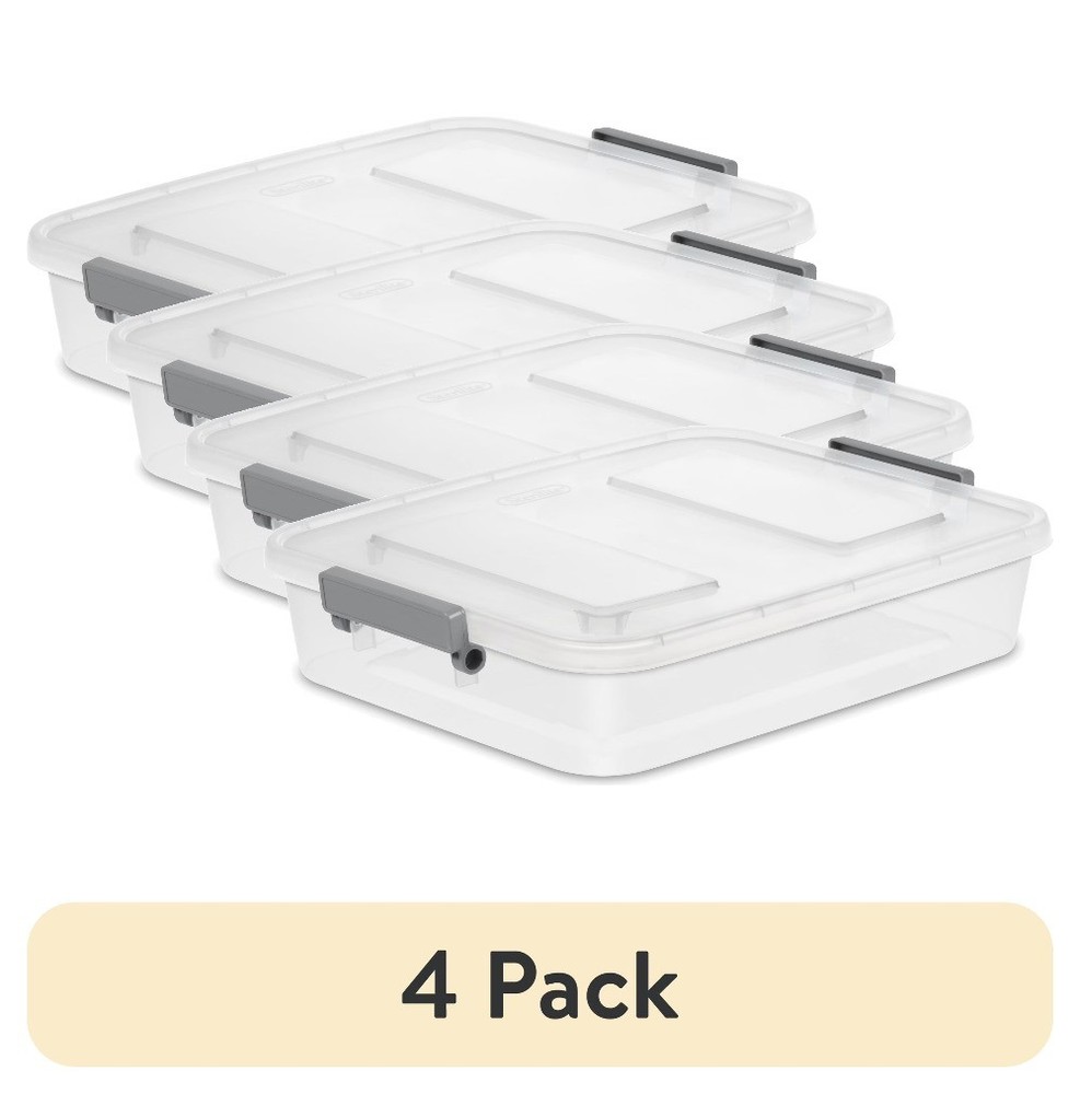 Sterilite 6.2 Qt Modular Small Storage Bin, 4-Pack, Clear Plastic,ID Latch,Gray​