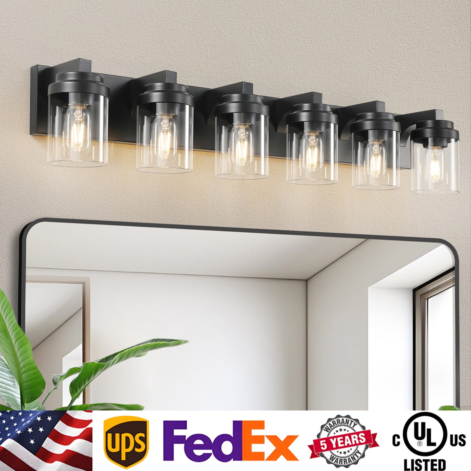Black 38 in 6 Lights LED Vanity Light Clear Glass Shade for Bathroom Mirror Wall gallery