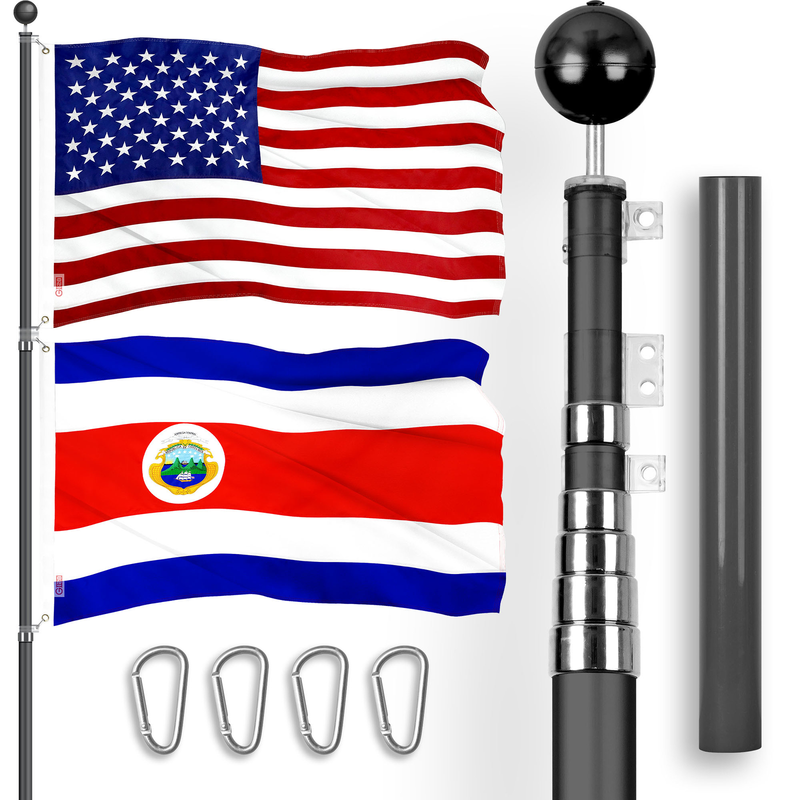 25 Ft Telescoping Flagpole Black & American and Costa Rica Flags Emb 300D 3x5Ft gallery