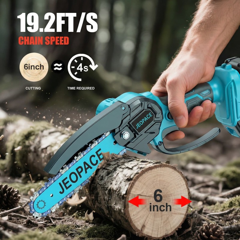 6" Blue Cordless Mini Chainsaw Handheld Electric Pruning Saw with 1 Battery gallery