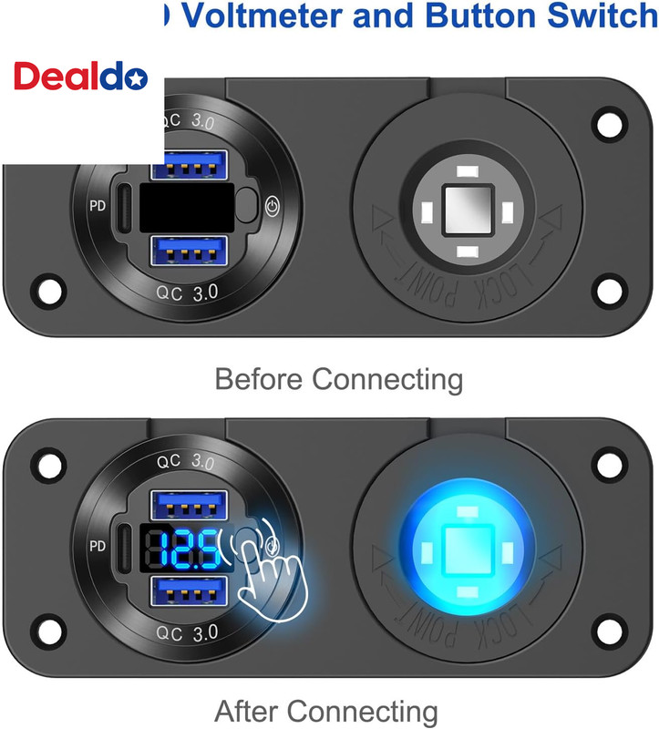 12V USB Outlet Marine Switch Panel Plug, PD3.0 and Dual QC3.0 USB Ports Aluminum gallery
