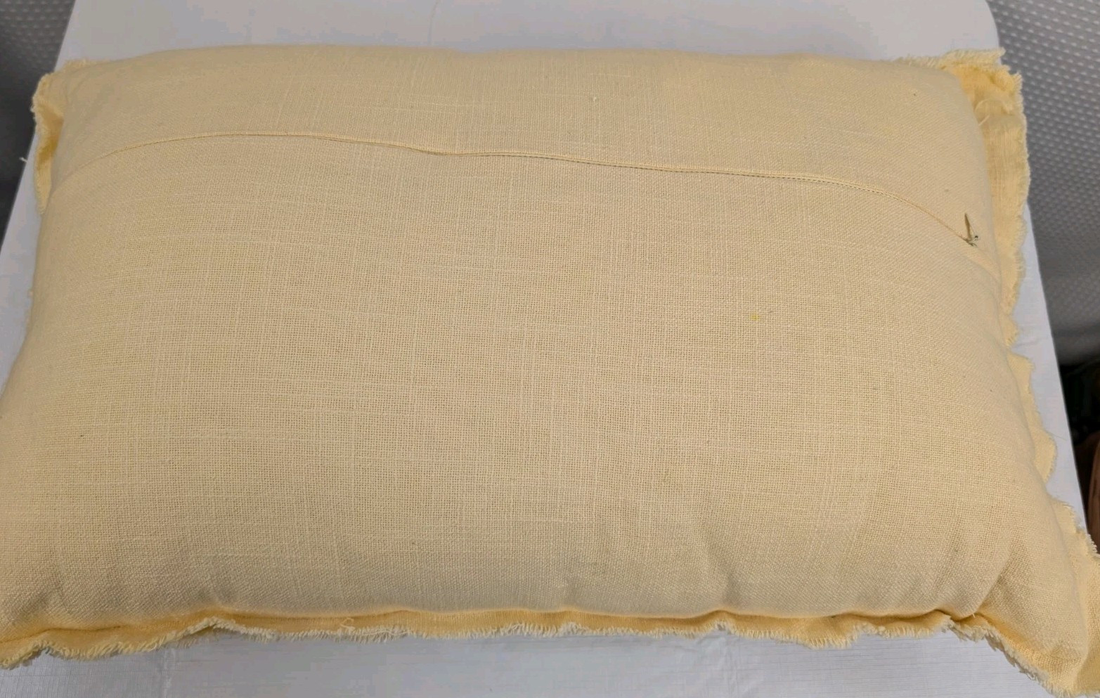 Yellow Linen Throw Pillow with Needle Punch Bunnies Pom Tails 24"x15"5 gallery